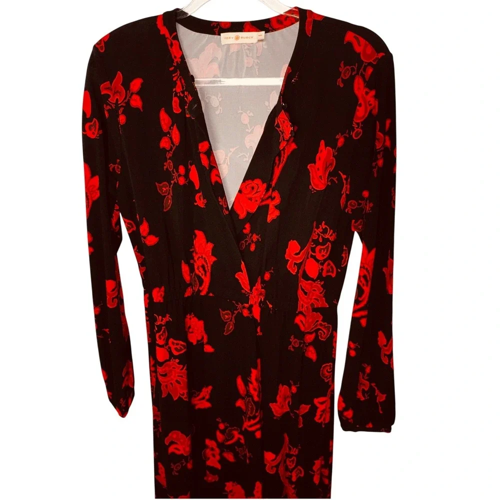 Tory Burch Black Red Floral Midi Dress Medium Classic Luxury Church Office Goth - Picture 5 of 9